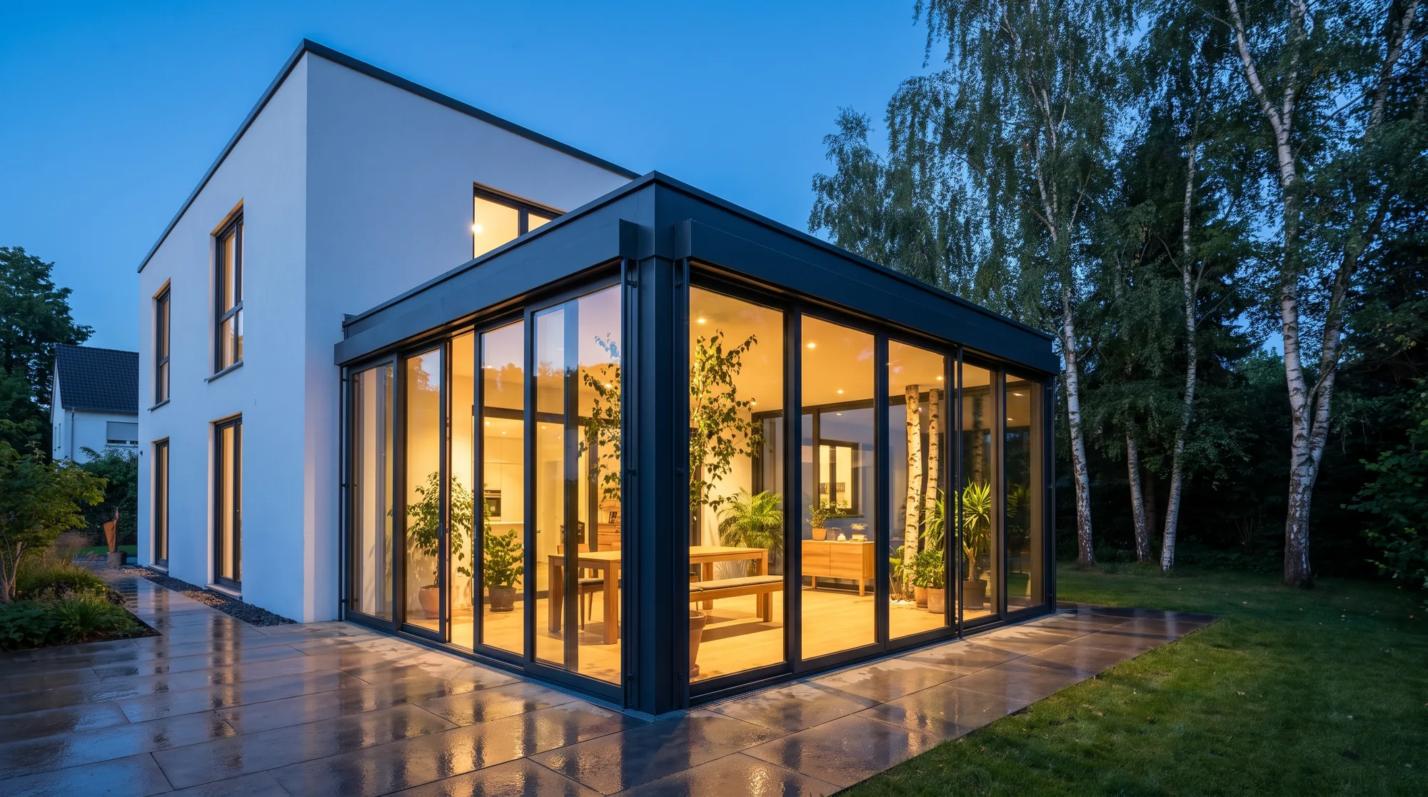 Freistehender Wintergarten in der blauen Stunde, von innen warm beleuchtet