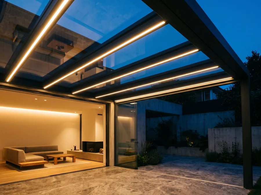 Terrassendach am Abend mit warmen LED-Linien in den Sparren