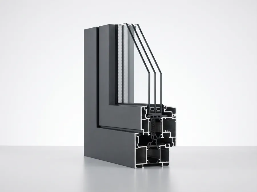 Schnittmodell eines anthrazitfarbenen Aluminiumprofils mit Dreifachverglasung